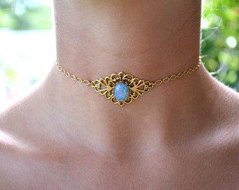 Gold Opal Choker, Dainty Stone Choker, Gold Tattoo Choker, Fire Opal Choker, Delicate Blue Opal Choker Necklace