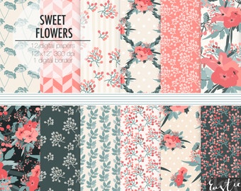 Floral digital paper. Scrapbooking digital paper in coral, slate gray and beige. Flowers clipart, digital paper.