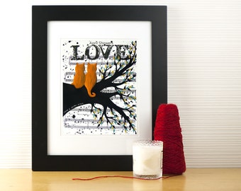 Cat Painting Wedding Song Lyric Art - Engagement Gift for Couples Love Cat Silhouette - Paper First Anniversary Gift For Wife or Husband