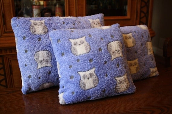Items similar to Soft Fuzzy Light Blue Owl Pillow Rustic Material with Grey and White Owls ...