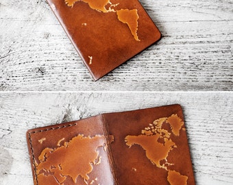 Map Passport Cover Genuine Leather Travel Gift, Personalized Passport Cover, Wanderlust World Map Travel Wallet