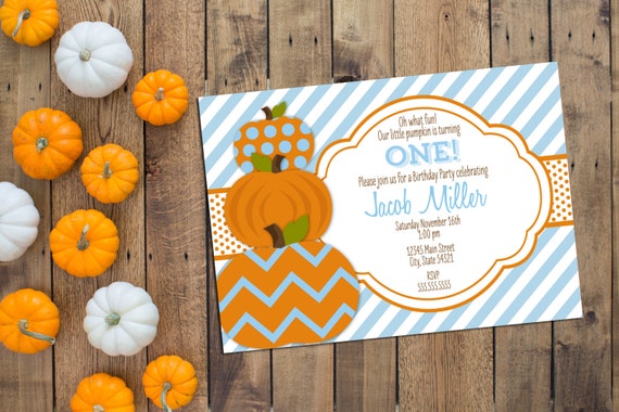 Little Pumpkin Birthday Party Invitation - Blue and Orange - Printable Il_570xn