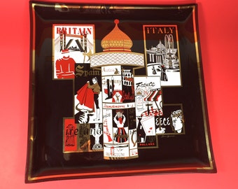 Dan Baird Travel Themed Tray, Mid Century, Smoke Glass, 1960's