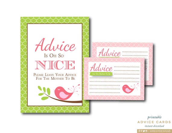 Bird Advice Cards, Advice For Mom, Bird Baby Shower, Garden Party Decor, Woodland Shower Game, Pink and Green Shower, INSTANT DOWNLOAD, #G6 Il_570xn