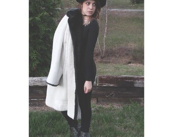 Vintage 1960's Faux Fur coat Vegan long jacket white and dark brown/black