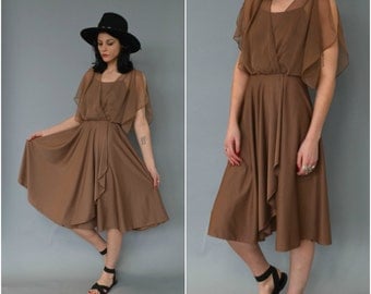 SALE - 1970s dusty brown tank dress with sheer flutter top