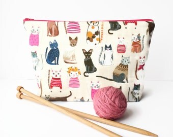 Knitting bag, Cat crochet project bag, Knitting project, Large padded zipper pouch for make up, cosmetics, craft storage, sock bag.