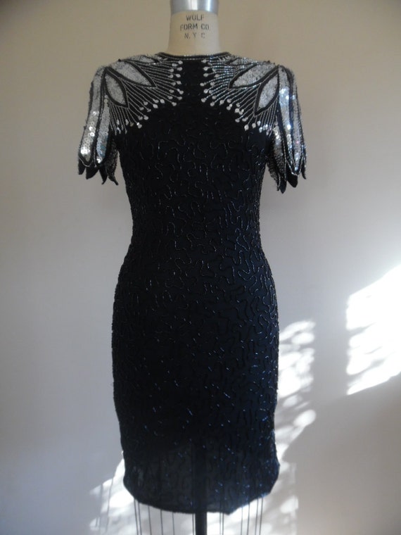 Vintage 1980s Fully Beaded Black Cocktail Party Dress with
