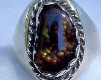 Fire Agate Ring, Cast Sterling Silver, Size 13