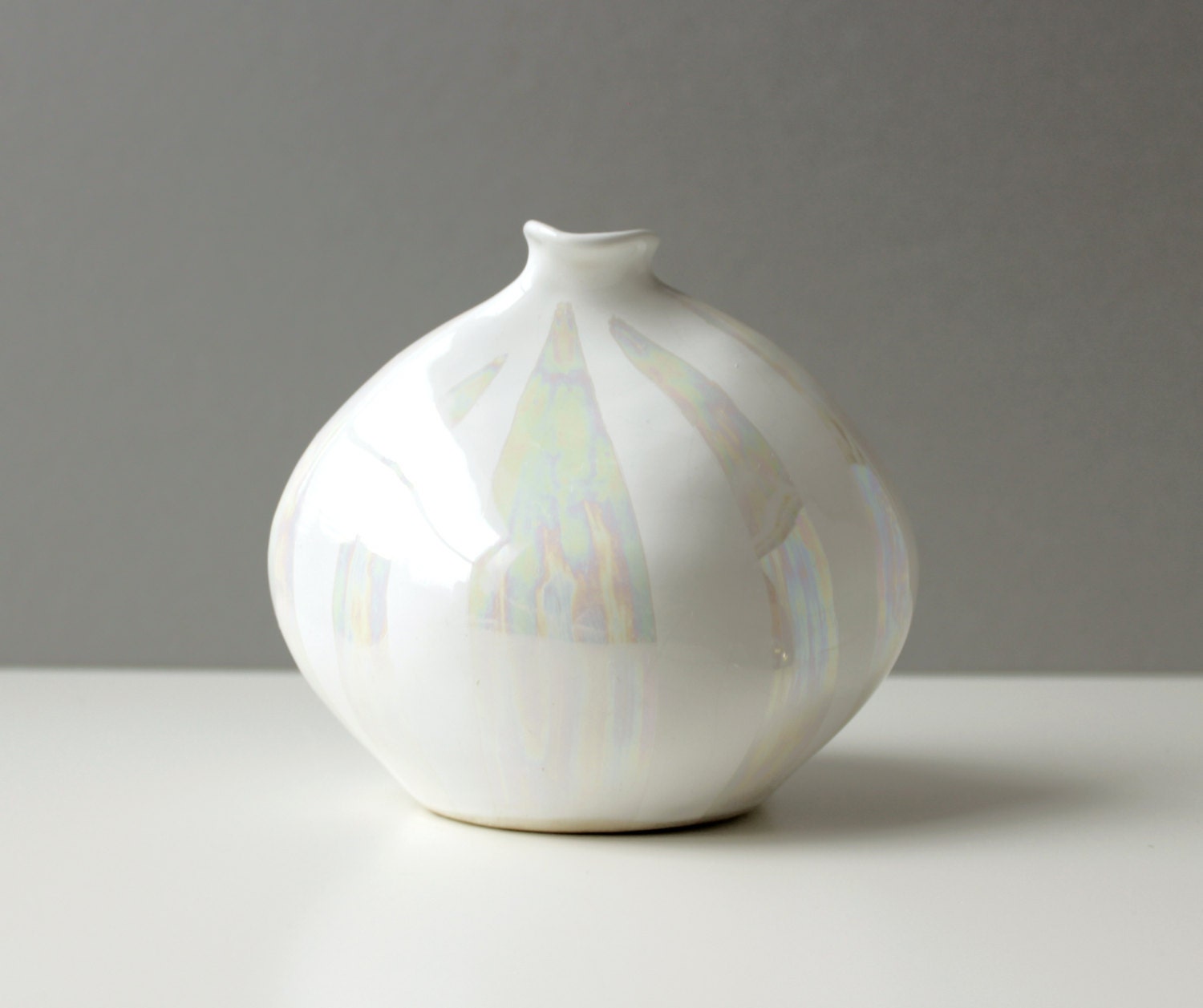 Alka Malta Ceramic Bud Vase White Iridescent Glaze Mid Century