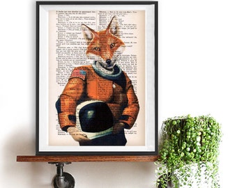 Art print Fox Astronaut, original fox illustration, space drawing, nasa print, flying to the moon, funny fox print
