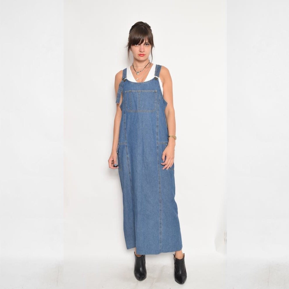 Vintage 90's Denim Overall Dress / Blue Denim Maxi Dress