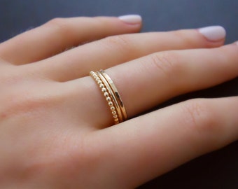 14k Gold Filled Ring Set, Set Of 3 Rings, Hammered Ring, Round Ring, Beaded Ring, Gold Stacking Ring Set, Delicate Gold Filled Rings