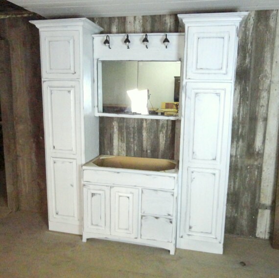 Rustic white washed bathroom cabinet set made from barn wood