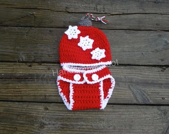 Newborn Baby Crochet Christmas Ornament Snowflake Hat Photo Prop Outfit Set Diaper Cover Shower Gift 0-3,3-6 Months First Christmas