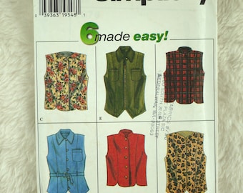 Vests, M L, Simplicity 7376 Pattern, Lined, Princess Seams, Collar, Buttons, Zipper, Belt, Shaped Hem, 1996 Uncut, Size 12 14 16