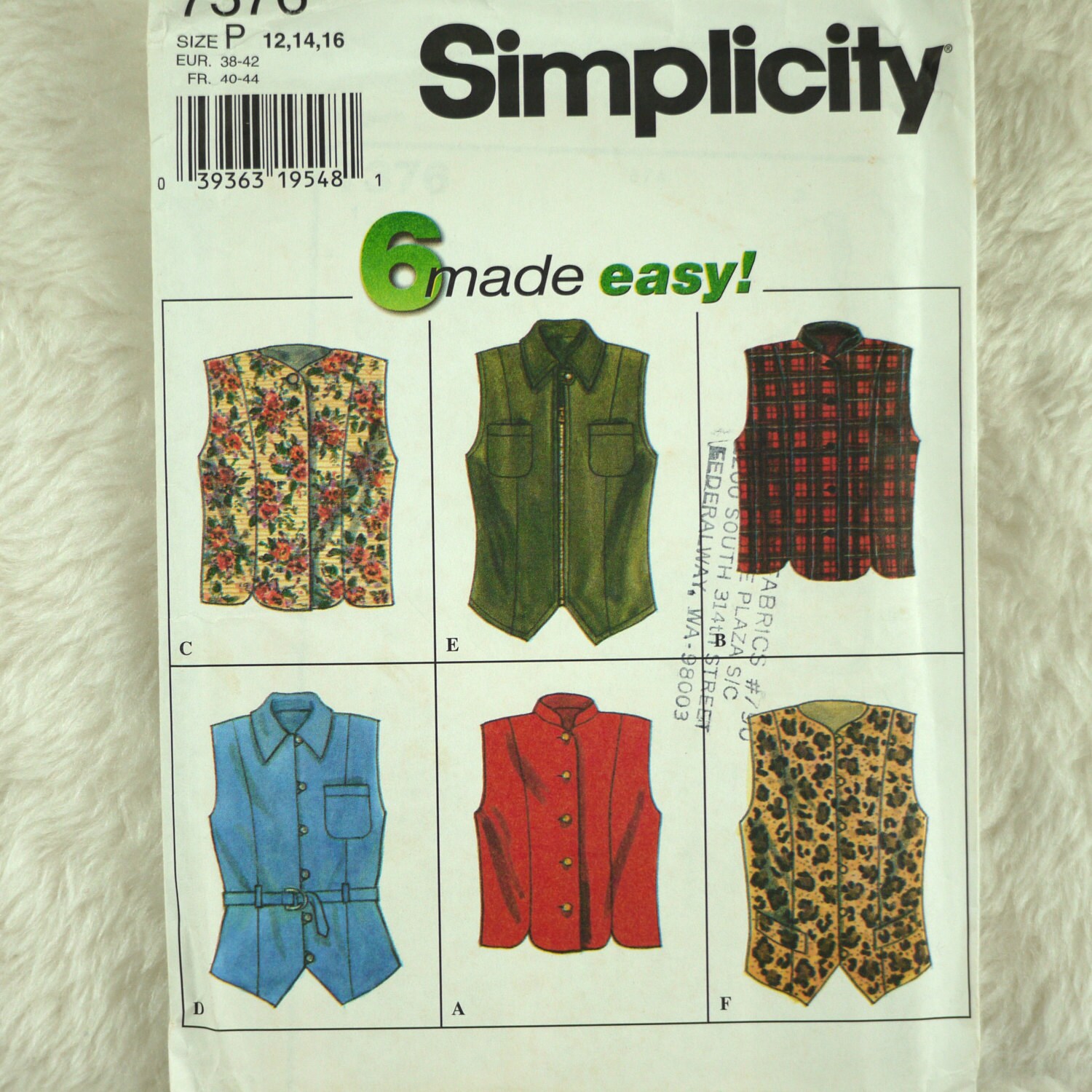 Vests M L Simplicity 7376 Pattern for Women Lined Princess
