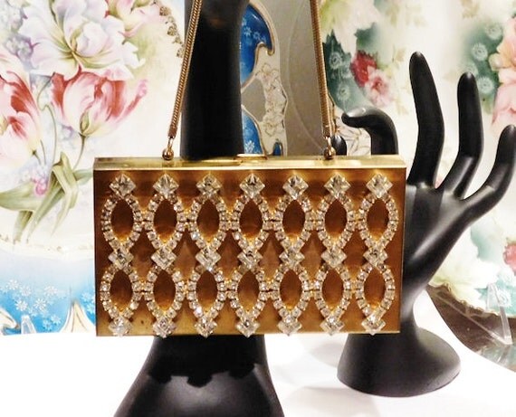 Mid Century 1950s 50s Rhinestone Jeweled Purse Evening Carry All Minaudiere Clutch Hard Case Purse Hollywood Regency Handbag Bag Wedding