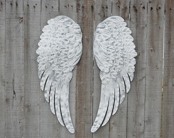 Angel Wings, Shabby Chic, White, Silver, Large, Metal, Upcycled, Hand Painted, Shabby Chic Decor, Boho Chic, Wall Decor, Nursery Decor, Gift