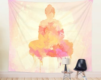 WALL TAPESTRY, watercolor Buddha wall hanging, large wall decor, Buddha tapestry, yellow pink zen Tapestry, fabric tapestry, interior design