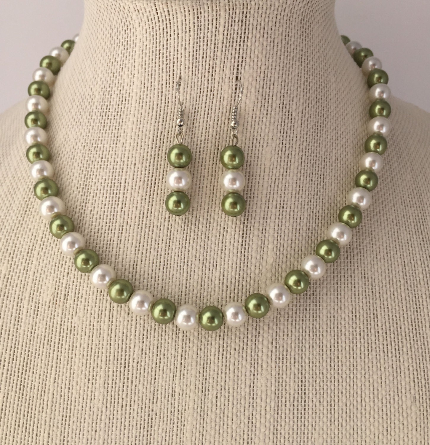 Sage Green Pearl Necklace Sage Green Bridal Jewelry Set Sage