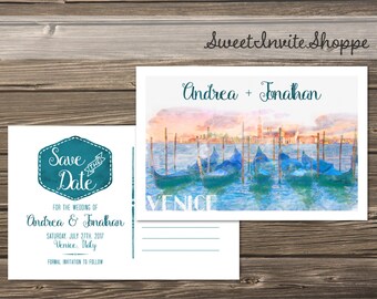 Destination Save The Date Card, Venice Italy Save The Date Postcard, Travel Postcard Wedding Save The Date, Watercolor Save The Date, DIY