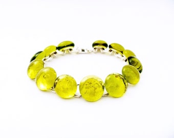 Recycled wine bottle yellow link bracelet/Eco-friendly upcycled wine bottle bracelet on silver/Handmade jewelry