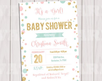 Pink, Mint and Gold Baby Shower Invitation, Gold Glitter polk dot Invitation, Girl Baby Invitation, Printable invite