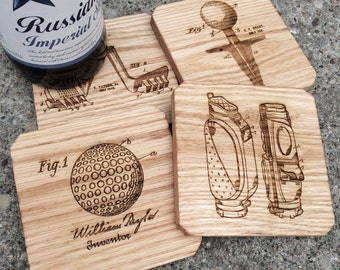 Golf Gift Oak Wooden Coasters, Set of 4