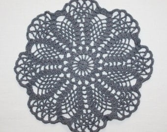 Small Gray Crochet Doily, Round Doily, Lace Doily, Gray Flower Doily, Pineapple Doily, Cotton Doily, Table Topper, 9 inches