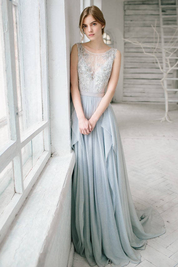 Silver grey  wedding  dress  silk and lace  bridal gown open