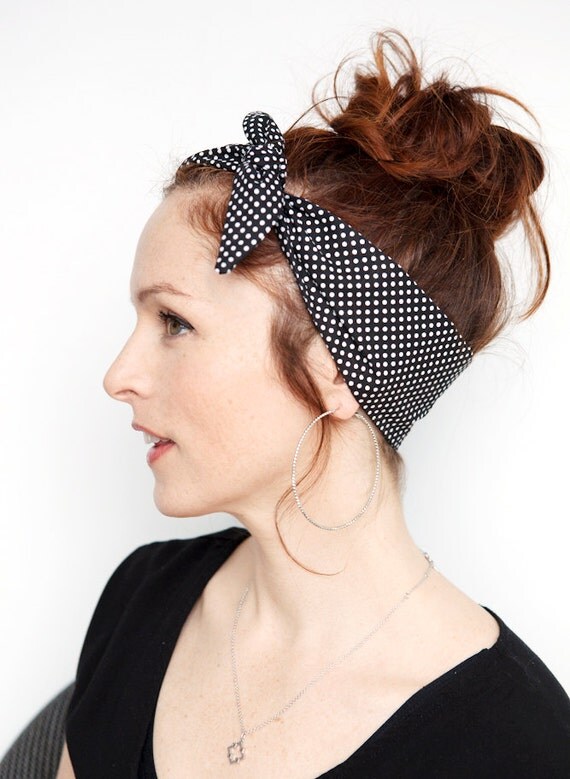 Noir Polka Dot bandeau Dolly Bow Rockabilly noir et blanc Bandana pin,up rétro cheveux