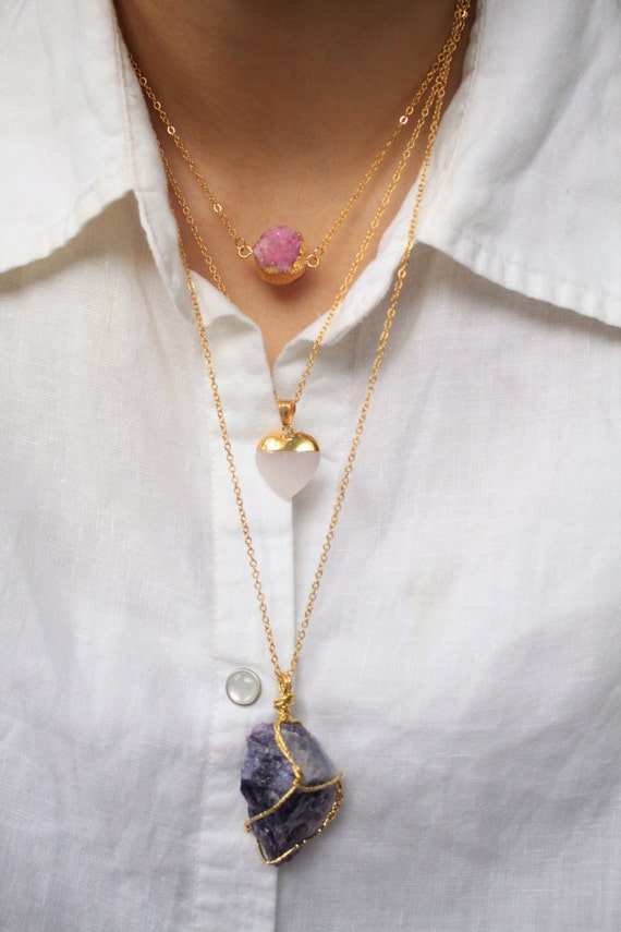 Gold Plated Pink Crystal Heart Shape Stone/ Gold Necklace/ Pink Crystal ...