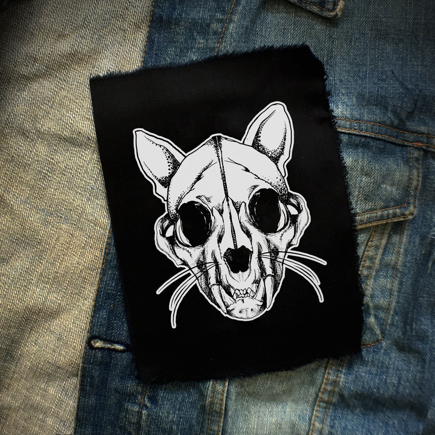 Cat Skull patch Punk Patch Horror Black by OneHandPrinting