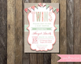 Baby Shower Invitation, Twins Baby Shower Invitation, Shabby Chic Baby Shower Invitation, Shabby Chic Invitation, Burlap, Shabby Chic