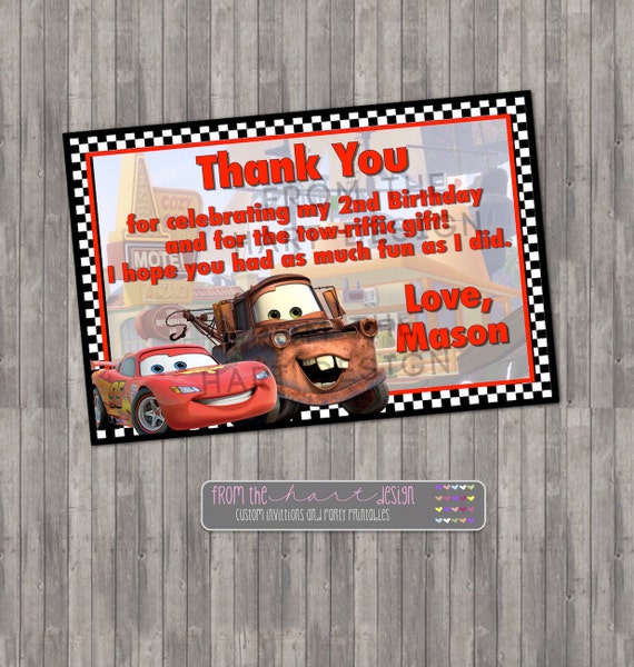 Disney Cars Birthday Thank you Card Digital Printable