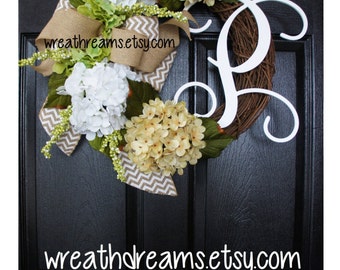 Antique White Hydrangea Wreath. Burlap Wreath. Year Round Wreath. Spring Wreath. Summer Wreath. Monogram Wreath. Door Wreath