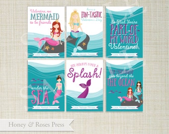 Mermaid Valentine's Day Cards . Under the Sea Valentines . Kids Valentines Cards. Printable Valentines . Instant Download