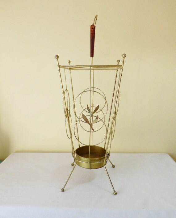 Vintage Gold Tone Metal Umbrella Stand / Retro Decor