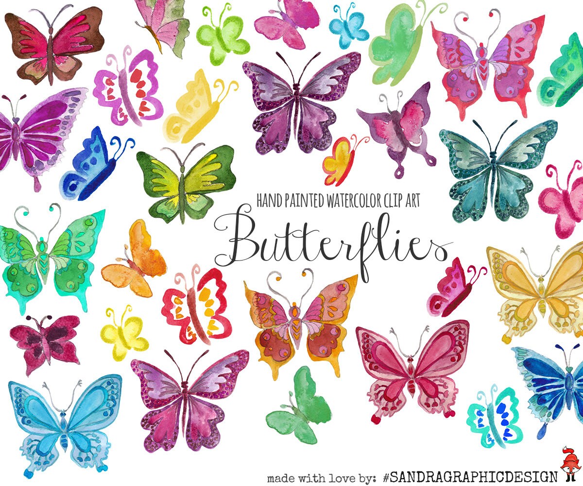 Butterfly Clip Art Pretty Hand Painted Watercolor Clipart Of