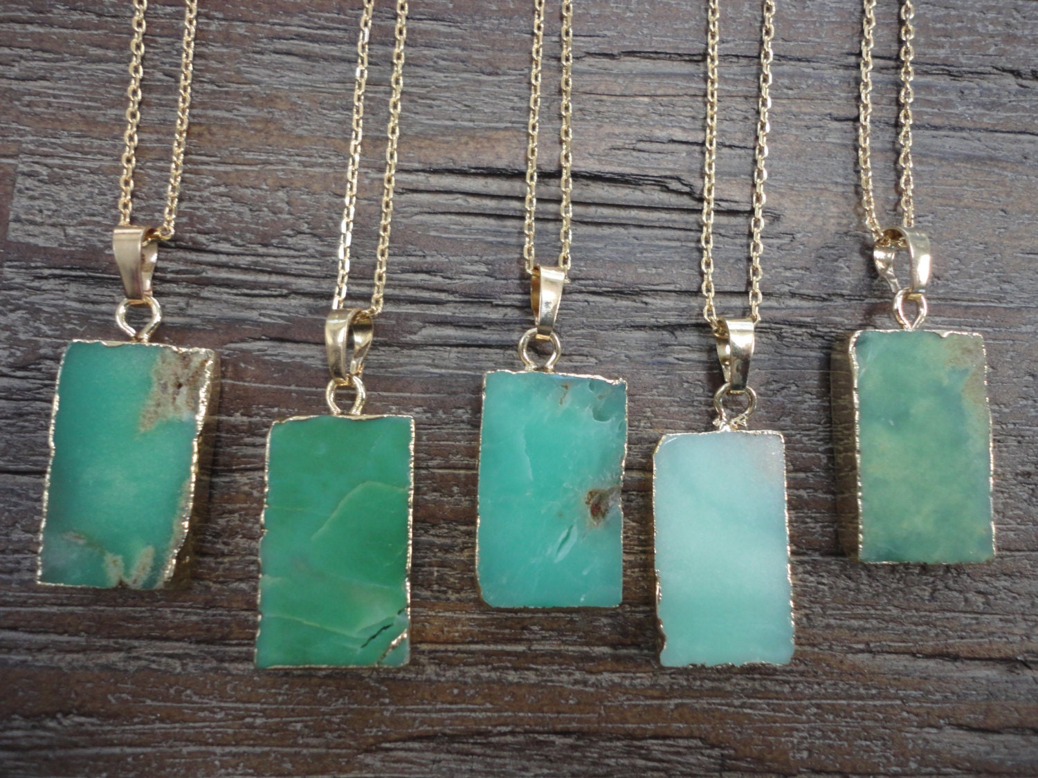 Chrysoprase Rectangle and Gold Pendant Necklace/Gemstone/Australian Jade/Mint Green/Seafoam