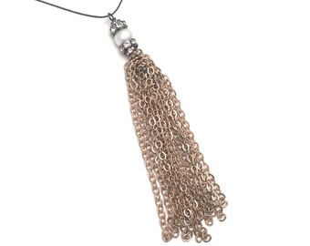 pearl and gold chain tassel necklace, long tassel necklace, pearl tassel necklace, chain & pearl tassel, tassel jewelry, layering necklace
