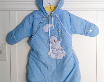 6 months: Appliquéd Baby Snowsuit, Blue Polka Dot Bunting with Bear Appliqué, by Mothercare