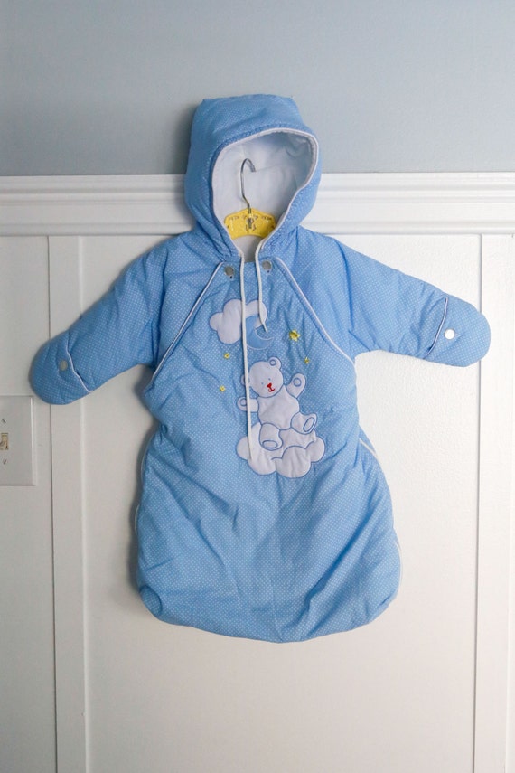 6 months: Appliquéd Baby Snowsuit, Blue Polka Dot Bunting with Bear Appliqué, by Mothercare