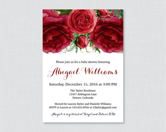 Red Baby Shower Invitation Printable or Printed - Red Roses Flower Baby Shower Invites - Winter, Christmas Roses Baby Shower Invitation 0062