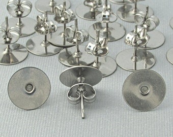 48 10mm Stainless Steel Earring Posts, Surgical Steel 7/16" Post Flat Pad and Back Jewelry Findings S030