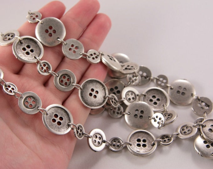 Birthday Gift For Her Button Bib Long Silver Necklace Chain Statement Necklace Silver Buttons Beads