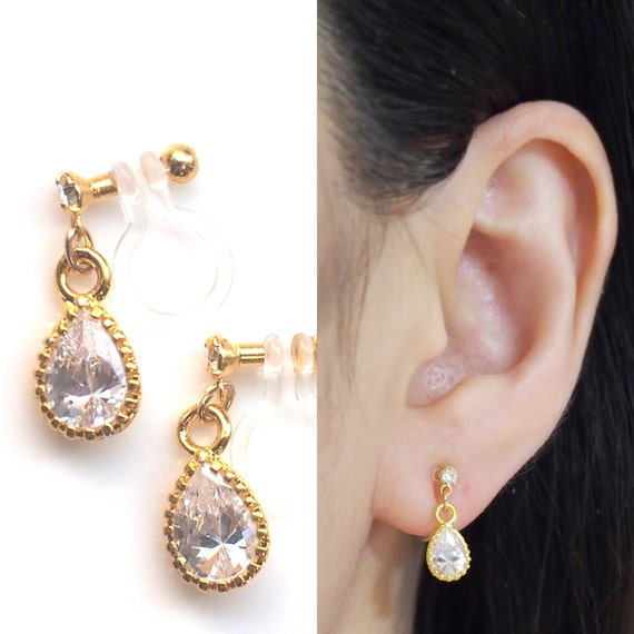 Gold Teardrop Cubic Zirconia Invisible Clip on Earrings Dangle