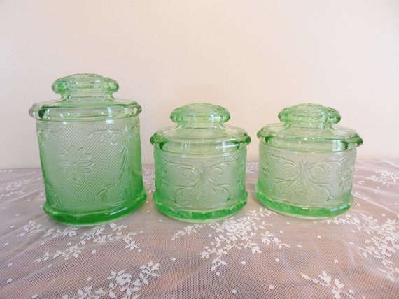 Retro Vintage Green Indiana Tiara Sandwich Glass Canister Set