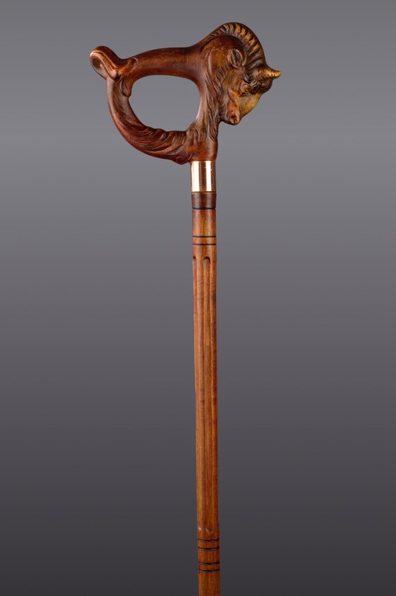 Buffalo Bull Hand Carved Handmade Unique Wood Walking Stick